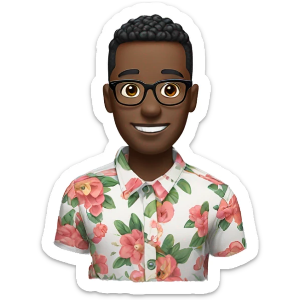 Black man with High top fade and bush eyebrows, floral shirt and glasses with AirPods. Missing 1 front tooth sticker