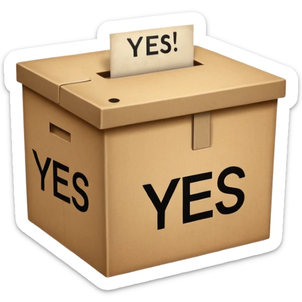 Vote box with "yes, but" aber' written on the front and paper entering the top slot sticker