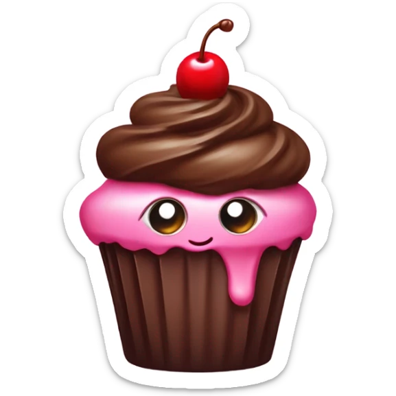 kawaii chocolate cupcake with pink frosting and a cherry on top sticker