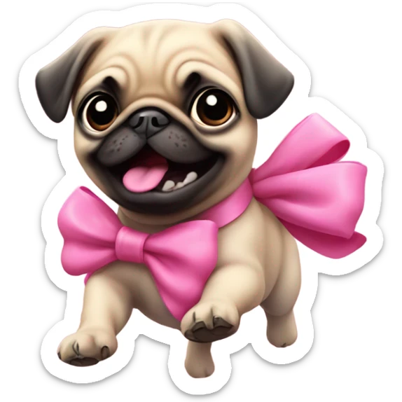 Baby pug with big pink
eyes wearing a pink bow above 1 ear jumping in a puddle   sticker