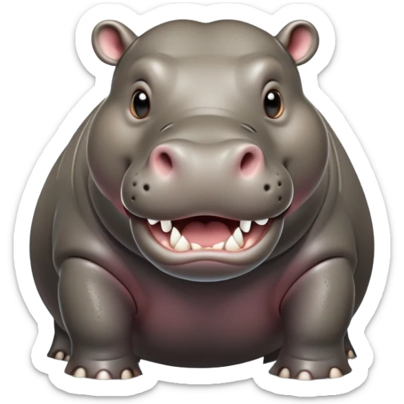 cinematic-hippo-realistic-full-body-standing on all fours-emoji,-massive-round-frame-partially-submerged-in-muddy-water,-wide-mouthed-grin-exposing-huge-teeth,-head-tilted-dramatically,-thick-greyish-brown-hide-glossy-from-water,-simplified-yet-realistic-focused-features,-highly-detailed,-glowing-with-an-almost-sarcastic-glow sticker