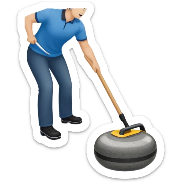 An icon showing a detailed close-up of a curling stone sliding across the ice, with a broom in motion beside it. The background features an indoor stadium with cheering spectators on the stands. Transparent background captures the strategy and focus of curling. sticker