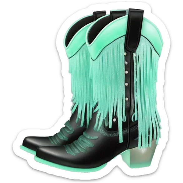 Realistic pastel mint green to black ombre pair of fashion cowgirl boots with sparkly shiny glitter fringe on them. sticker