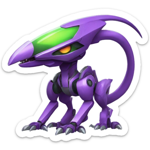 a purple-green Genesect-Raptor-Fakémon—hybrid with a futuristic visor-helmet full body sticker