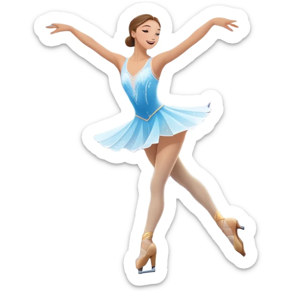 An icon showing a graceful figure skater performing a spin on the ice in a grand ice palace. The rink is illuminated by soft light beams, with cheering spectators in the stands. Snowflakes gently fall, adding to the magical atmosphere. Transparent background highlights elegance and artistry. sticker