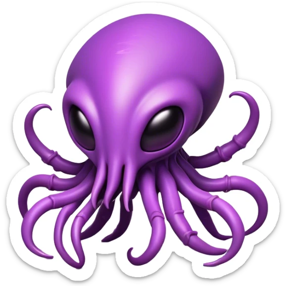 Clash of Clans aesthetic: Cinematic Playful Zerg Alien Emoji, rendered in a 3D vector-style similar to standard emojis with minimal shading and bold, simplified shapes. A compact, isometric, otherworldly creature with insectoid, organic details and subtle, eerie tentacles, softly glowing with a sinister alien charm. Simplified yet unmistakably iconic, highly detailed and consistent, glowing with a soft, spectral radiance and high shine. Stylized with a touch of bio-engineered mischief and a soft glowing outline, capturing the essence of a fearsome extraterrestrial menace with a playful twist! sticker