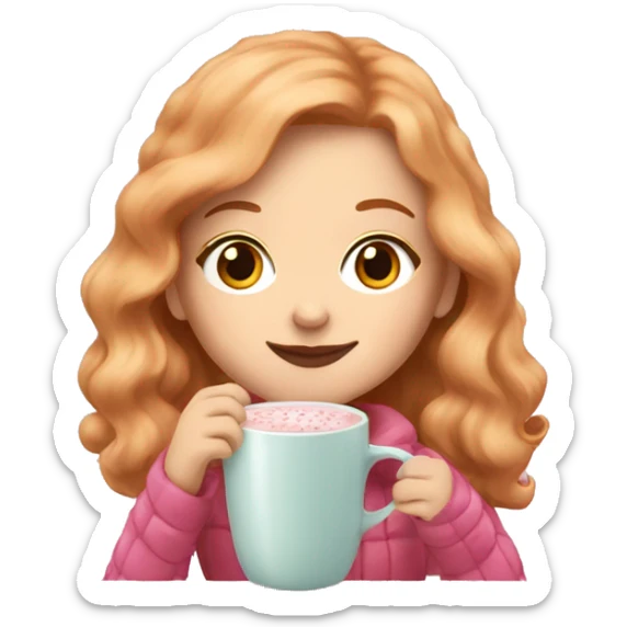 A strawberry blonde haired girl drinking a hot chocolate all cozy in baby pink sticker