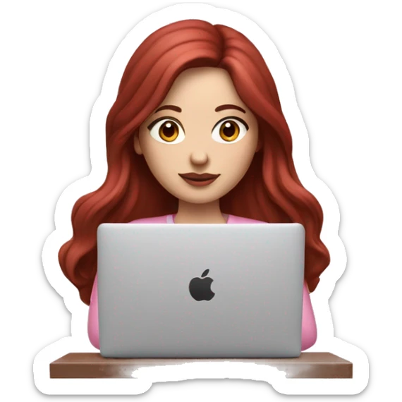 Woman with a white skin that has Long Dark red hair and brown eyes with an eyeliner and lashes coding on a pink macbook sticker