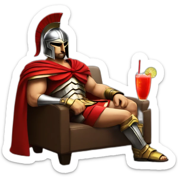 The Spartan Leonidas and his red cape with a cocktail in hand and his helmet under his arm relaxing on a sofa. sticker