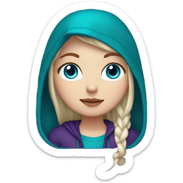 White girl, blue eyes, long teal hair, purple beanie hat, black hoodie sticker