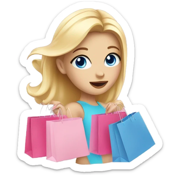 cute blonde with blue eyes surrounded by pink shopping bags sticker
