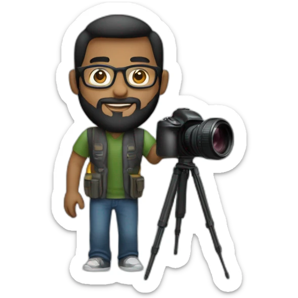 A photographer, young, black, straight hair, with a beard, wearing glasses and holding a camera in his hand. Using black sticker