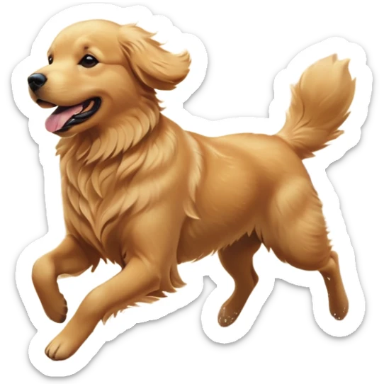 A Golden Retriever running on a beach at sunset, fur blowing in the wind, joyful expression. Motion capture, golden hour lighting, realistic water reflections. sticker