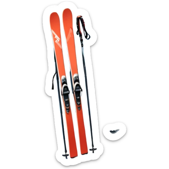 An icon featuring a pair of skis and ski poles in the foreground, set against a picturesque snow-covered slope. The background includes snowy peaks and evergreen trees, symbolizing the excitement and beauty of winter sports. Transparent background highlights the thrill of skiing and snowboarding. sticker