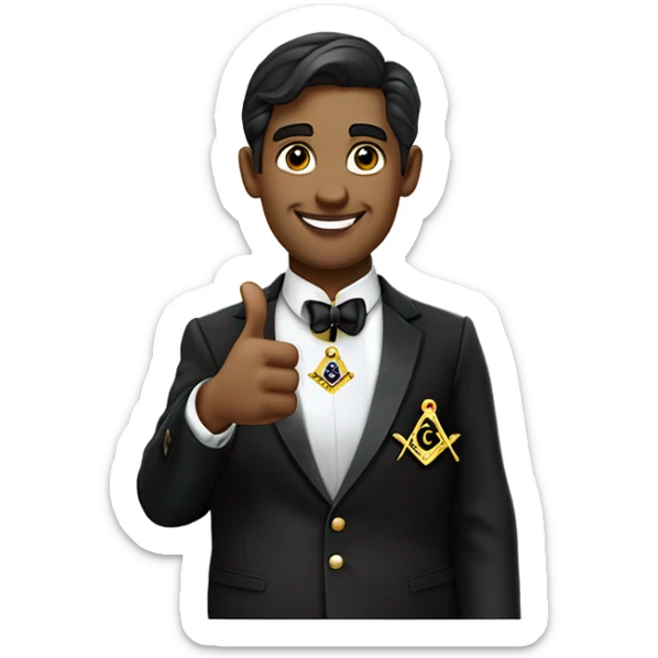 Modern English FREEMASON wearing black lounge suit jacket and Masonic Jewel and Apron. Show him giving a thumbs up sticker