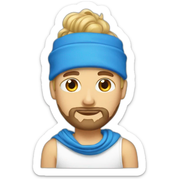 blonde guy with a taper fade, a beard, blue eyes, a big nose, a scarf in the forehead, a white tee sticker