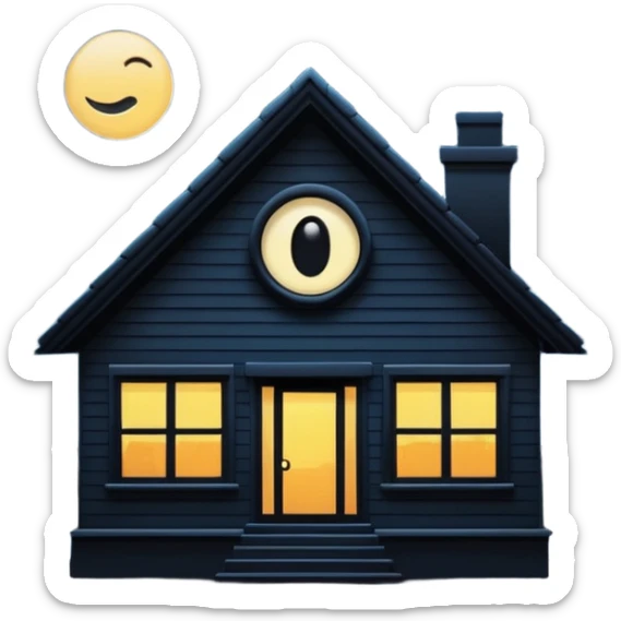 Minimalist emoji-style sticker of a house silhouette at night with a single lit window, and an eye visible inside. Flat, dark, quiet style.
 sticker