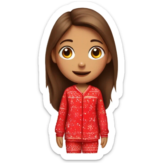 girl with long brown hair, in red New Year's pajamas with bears sticker