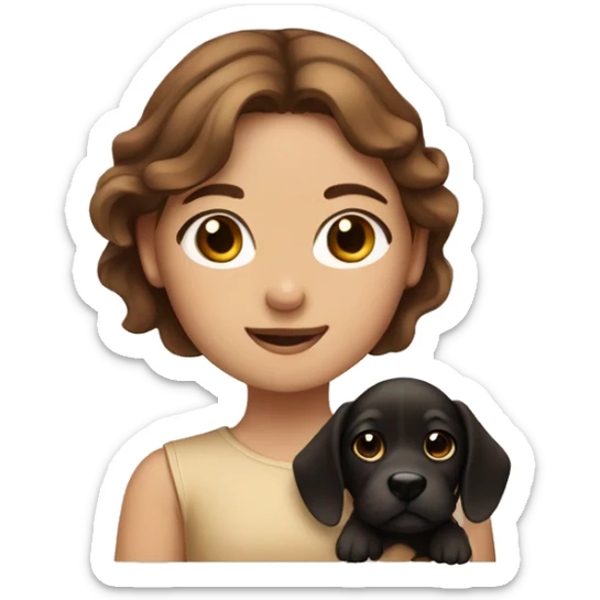 Girl with brown hair holding a tan puppy with black snout  sticker
