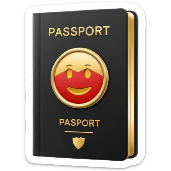 Minimal emoji icon of a black passport, matte cover, simple gold emblem, clean lighting sticker