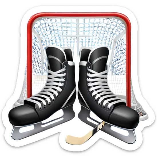 An icon showing a close-up of a hockey stick, puck, skates, and hockey net placed on the ice. The background features a packed stadium with bright lights, cheering fans, and snowy scenery outside. Transparent background highlights the key elements of the game. sticker