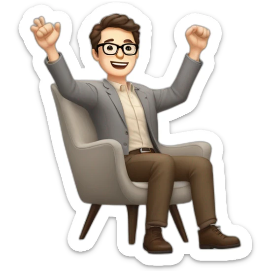 Joyful Celebrating victory Hands up Pale skinned Fit Man With dark brown hair in gray jacket, beige office shirt, Brown pants and vintage glasses sitting In a soft chair sticker