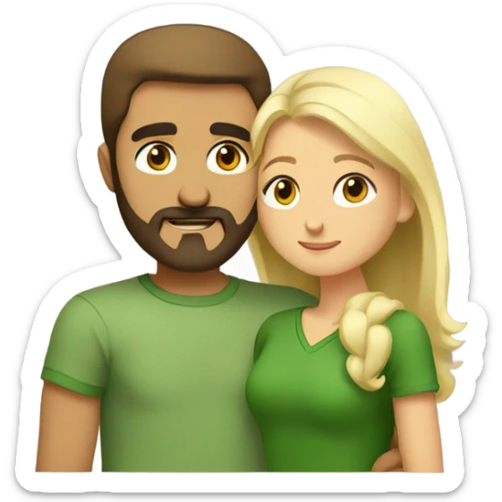 A bearded Armenian man in a green T-shirt stands and hugs a blonde girl with brown eyes in a brown dress sticker