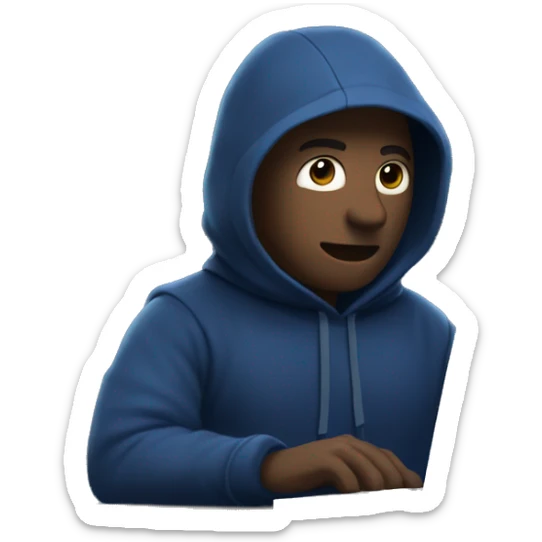A man in a dark blue hoodie with a capelet on his head, his face not visible in the shadows, is sitting at a computer. sticker