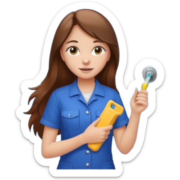 beautiful girl with long brown hair constructing new bathroom area with new shower and amenities  sticker