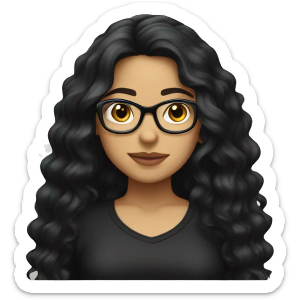 Pretty Hispanic girl with long black wavy hair with glasses and black shirt sticker
