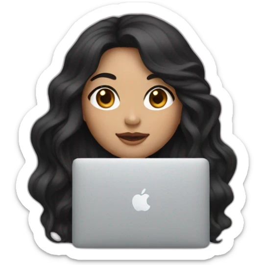 Korean girl with long and wavy black hair in front of her macbook, face a bit more white sticker