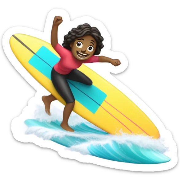 A person (🏄‍♀️) surfing on a wave (🌊). The person is smiling and riding a bright-colored surfboard. sticker