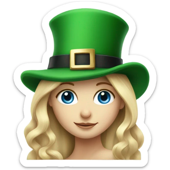Girl with long blonde hair and blue eyes wearing a st Patrick’s day hat sticker