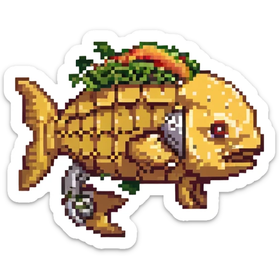 a cyborg robotic carp who's body is made from a filled crunchy taco, with lettuce salsa meat and cheese. he is fish taco bot man sticker