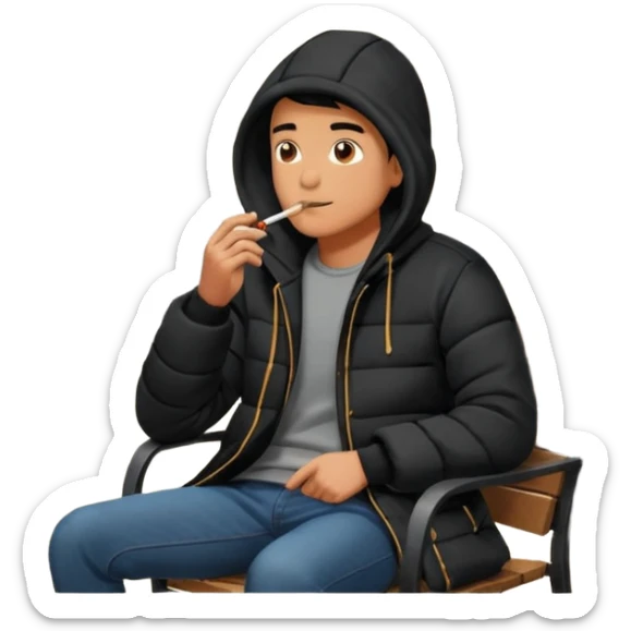 A man sitting on a chair, wearing a black puffed coat with hood, hands in his pocket, smoking a cigaret, he is on a chair, the chair is an outside coffe terrasse chair sticker