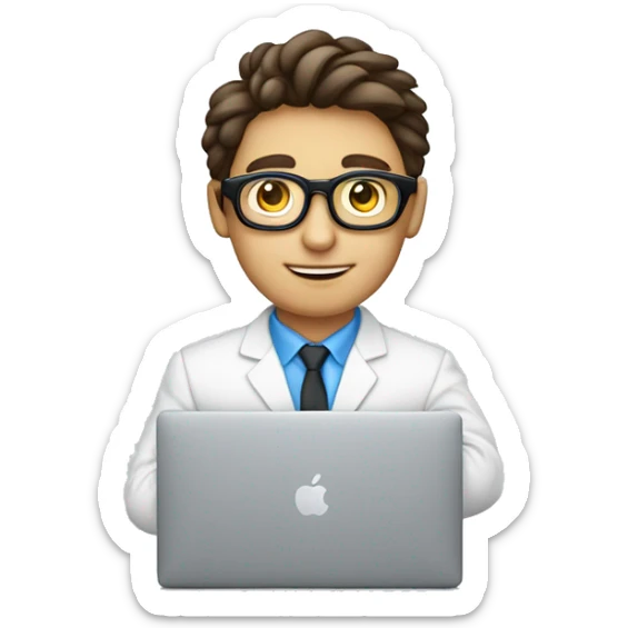 Un ragazzo riccio castano con gli occhi azzurri e gli occhiali che ha un macbook in mano sticker