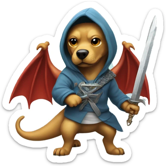 Dog wearing a hoodie with a sword fighting a dragon, but the dragon kills the dog sticker