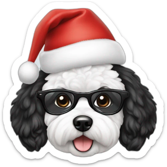 bichon dog-sitting-christmas hat-with woman-black hair-glasses sticker