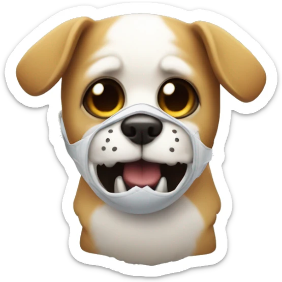 A little dog with a huge ball in its mouth, wearing a Skelton mask  sticker