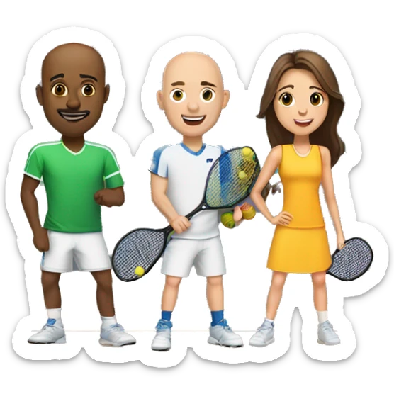 1 tall bald male, 1 shorter brown hair male, 1 girl with long brown hair, 1 girl  with brown hair all playing pickleball sticker