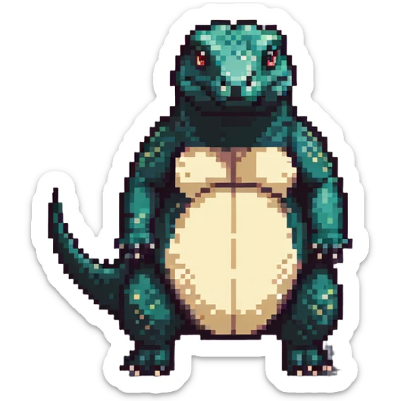 A pixelated fat komodo dragon with a big round belly, mid-hiccup with its body slightly jumping sticker