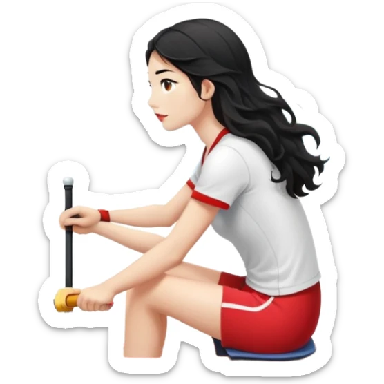 girl with long black wavy hair, white skin, wearing red shorts and white short-sleeve t-shirt, sitting in a long and thin racing boat suitable for Olympic rowing, rowing, boat and girl facing right in profile sticker