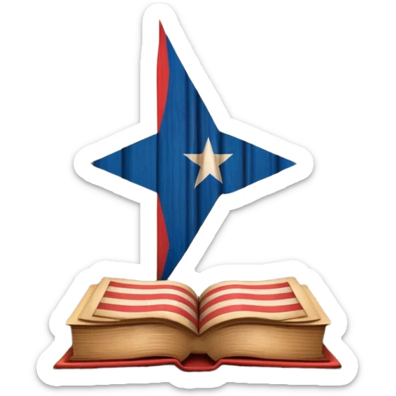 Ancient book with Puerto Rican flag subtly integrated on cover, carved wooden theater curtains symbol, warm vintage textures, soft glow representing timelessness and theatrical design heritage sticker