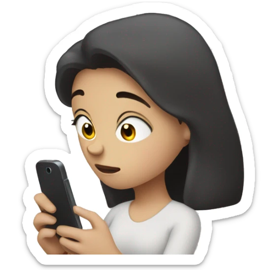 A girl with white skin and dark hair, with a sad face, holding her phone in her hand and typing a message, a message cloud on the side of it sticker