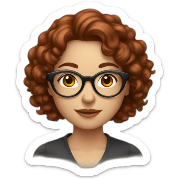 Woman; caucasian; roung transparent glasses; dark redhead; long curly hair sticker