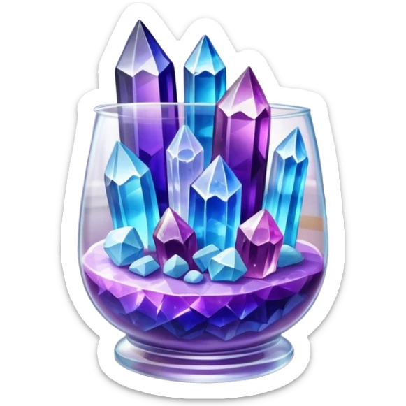 Close-up of vibrant crystals growing in a glass container on a table, with various colors like purple, blue, and clear. Some crystals are larger, while others are still forming. Soft light highlights their natural beauty. Background with a cozy indoor setting. sticker