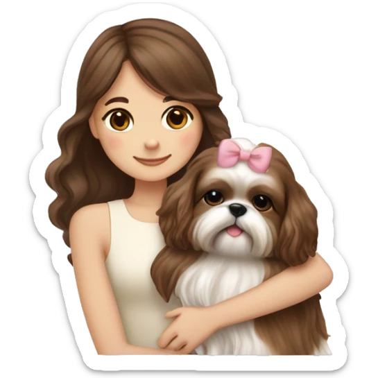 human girl with long wavy brown hair hugging a cream colored shih tzu girl with bow sticker
