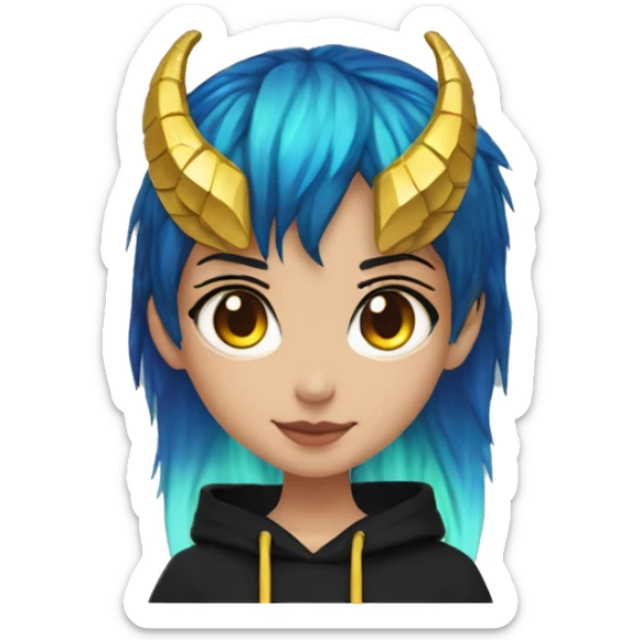 Lady with brunette and iridescent blue hair, gold, lime green dragon wings, black hoodie, bleach dyed, black and gold Nike t shirt, and bright red eyes sticker