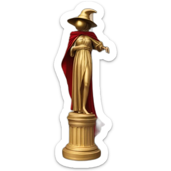 distant view of an abstract renaissance statue of a female figure in a coat with a red plague doctor's mask on her face standing on an antique style golden greek column, 4K resolution sticker