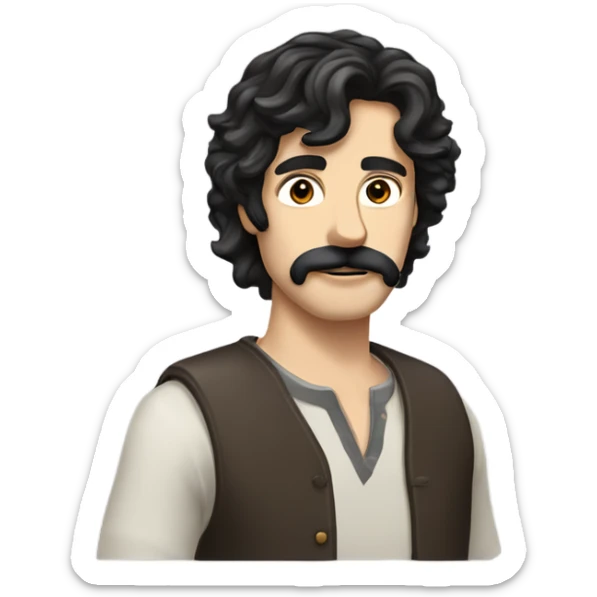 Guy with and pale skin and  black mustache and facial hair and shoulder length dark shaggy hair and hazel eyes  sticker